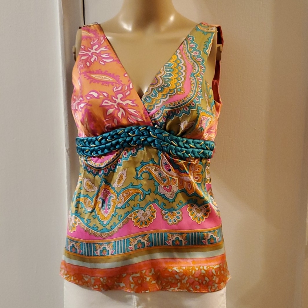 ALICE & TRIXIE BOHO Sleeveless TOP Coral/Turquoise Silk Paisley Print